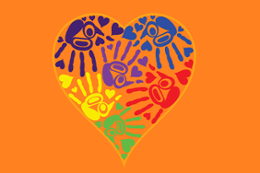 Indigenous artwork of heart with children's hands on an orange background 