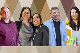 Portrait photos of JP Restoule, Onowa McIvor, Joe Brant and Andrea Custer on a graphic background. 