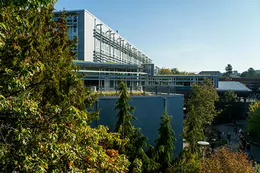 A building on campus behind trees.