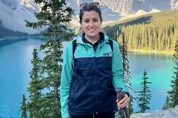 Emma Claydon enjoying Canada's natural beauty in Moraine Lake near Banff.