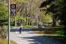 Cyclist riding along the UVic Greenway bike path, surrounded by trees and sunlight.