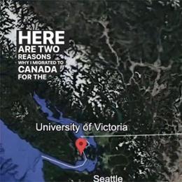 Google earth image with placeholder showing University of Victoria and a caption that says here are two reasons why I migrated to Canada to study