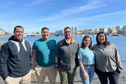 The Inuvialuit delegation of (from left) Dwayne Drescher, Darryl Tedjuk, Brian Kowichuk, Eriel Lugt and Carmen Kuptana take a break at the Victoria inner harbour.