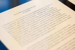 A close-up during the event in 2017 for the first-ever translations into Lekwungen and SENĆOŦEN (by, respectively, Elders John Elliott of Tsartlip First Nation and Elmer George of Songhees First Nation) of the Douglas Treaties.