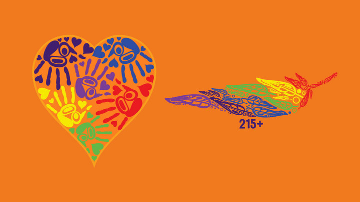 Indigenous artwork of heart with children's hand prints and a multicolour feather with the number 215+ written underneath on an orange background