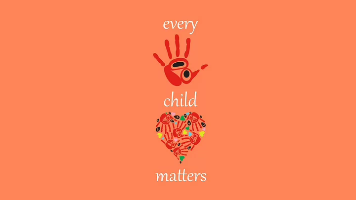 UVic orange t-shirt design, with the words every child matters in white text. Artwork designed by Kwakwaka'wakw/Coast Salish artist Carey Newman Hayalthkin'geme.