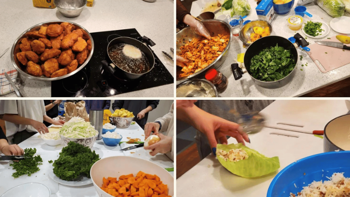 A grid of four images. Clockwise starting upper left, bannock, kimchi, cabbage rolls, and sadza.
