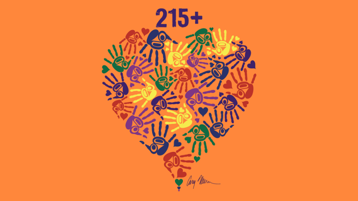 The number 215 appears above a heart shape on an orange background. The heart shape is made of hand prints in red, green, navy, purple and yellow