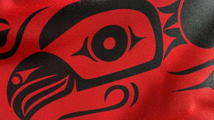 Close up image of artwork on regalia hood created by Ay Lelum and the Good Family. It is a detail of an eagle design in black on red satin.