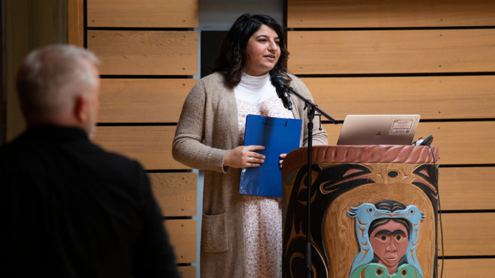 Jasdeep Randhawa presents a territorial acknowledgement in the First Peoples House