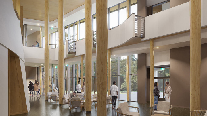 Rendering of inside the atrium of the new National Centre for Indigenous Laws.