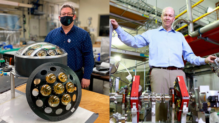 Composite image of UVic Researchers Mark Hartz and Dean Karlen standing in their laboratories behind scientific equipment