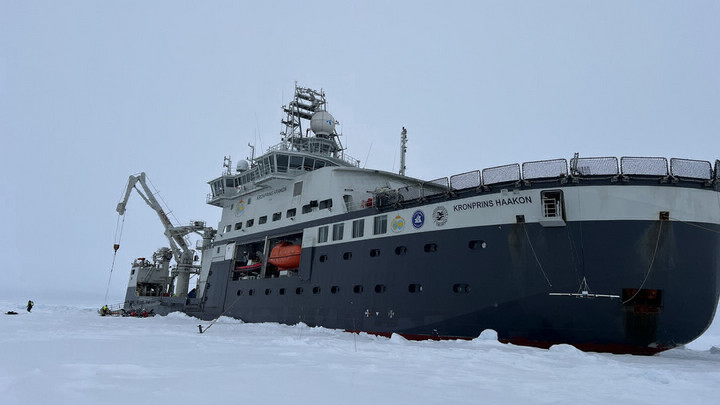 Norwegian research vessel Kronprins Haakon sits in the ice n the ice north of the Arctic Circle