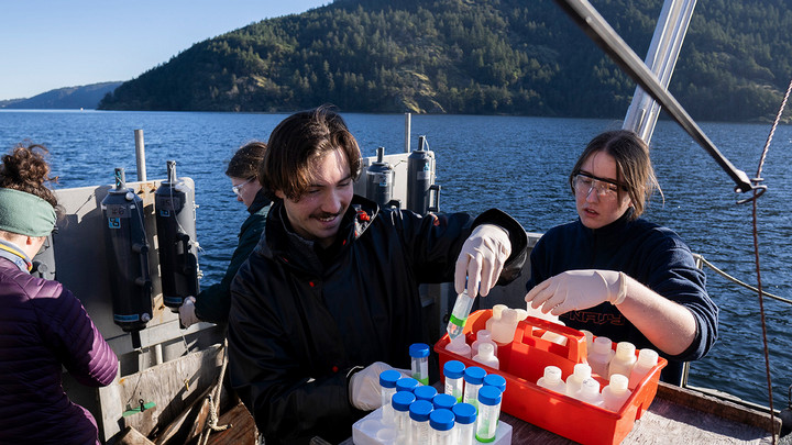 UVic science students collecting water samples and conducting field research