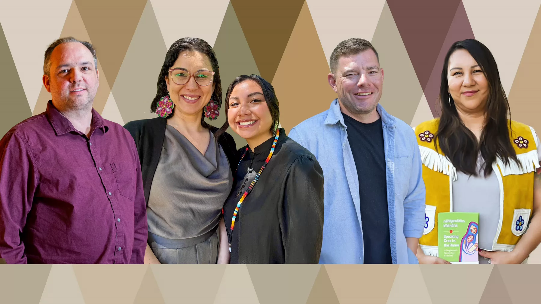 Portrait photos of JP Restoule, Onowa McIvor, Joe Brant and Andrea Custer on a graphic background.