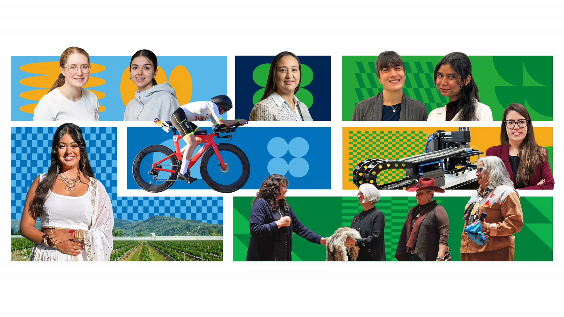 Graphic composite image featuring women on a colourful background.