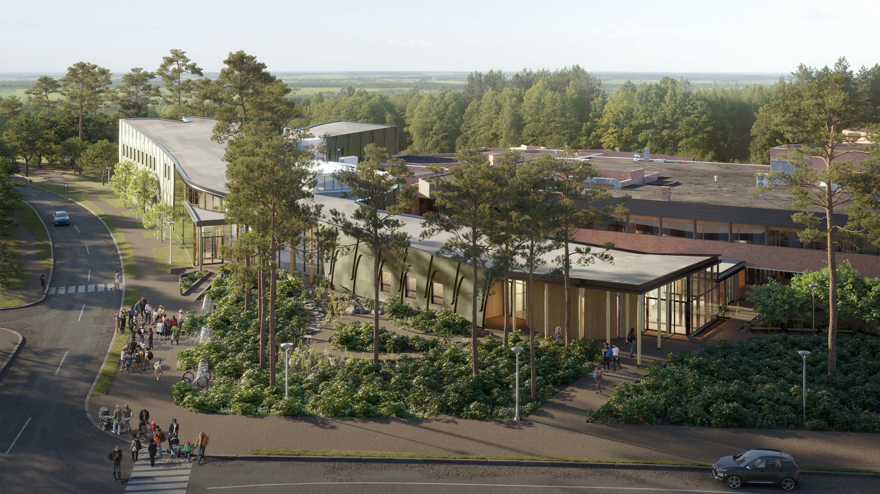 Wide-shot rendering of the front entry of the new National Centre for Indigenous Laws.