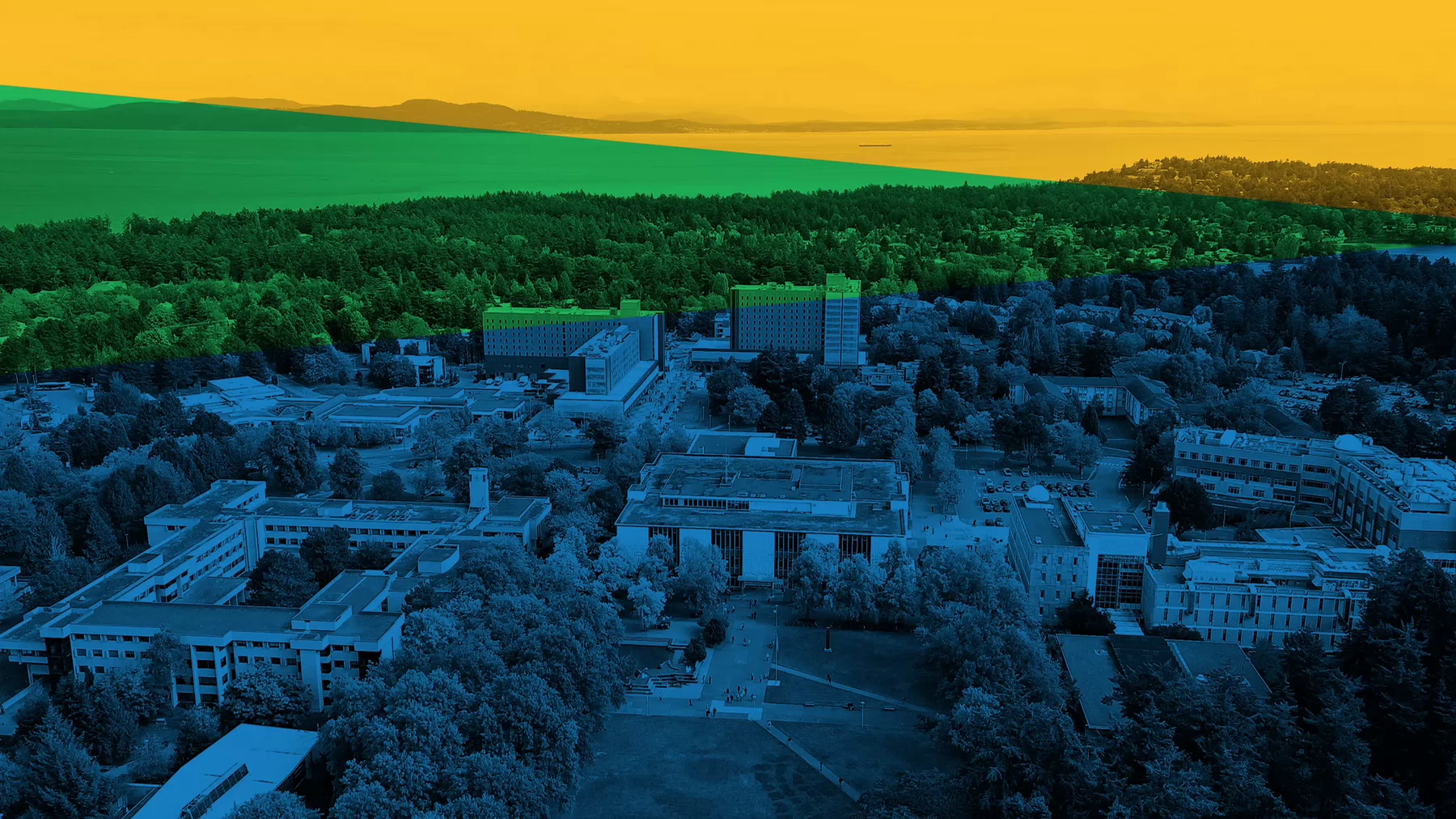 An aerial photo of the UVic campus with a blue, green and yellow overlay.