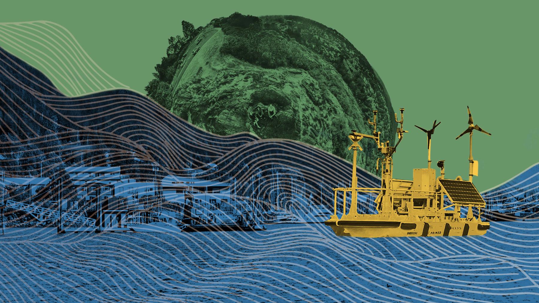 A graphic image showing the wind buoy device deployed on coastal waters.