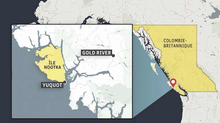 A map of British Columbia, with Yuquot identified and magnified for context