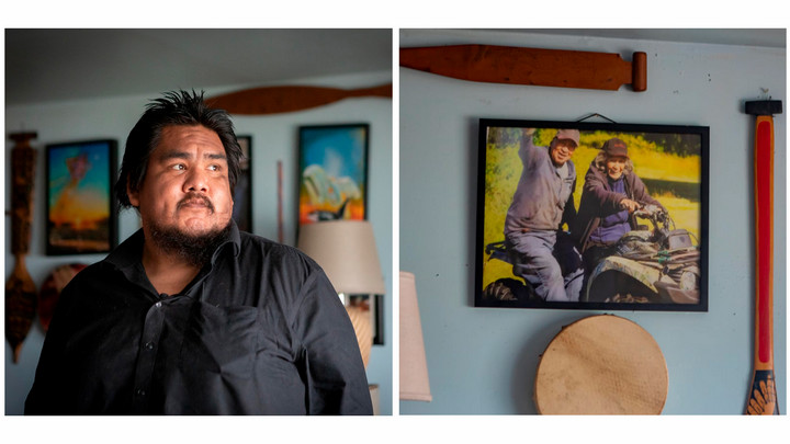 Two photos in one image: on the left, a portrait of Darrell Williams Jr. in his home. On the right, a photo on his wall showing his smiling grandparents on a four-wheel ATV.