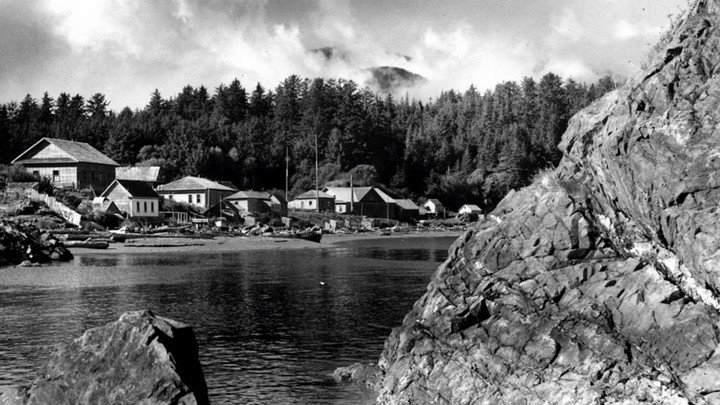 A photo of Yuquot in the 1960s showing many buildings in a cluster along the water's edge