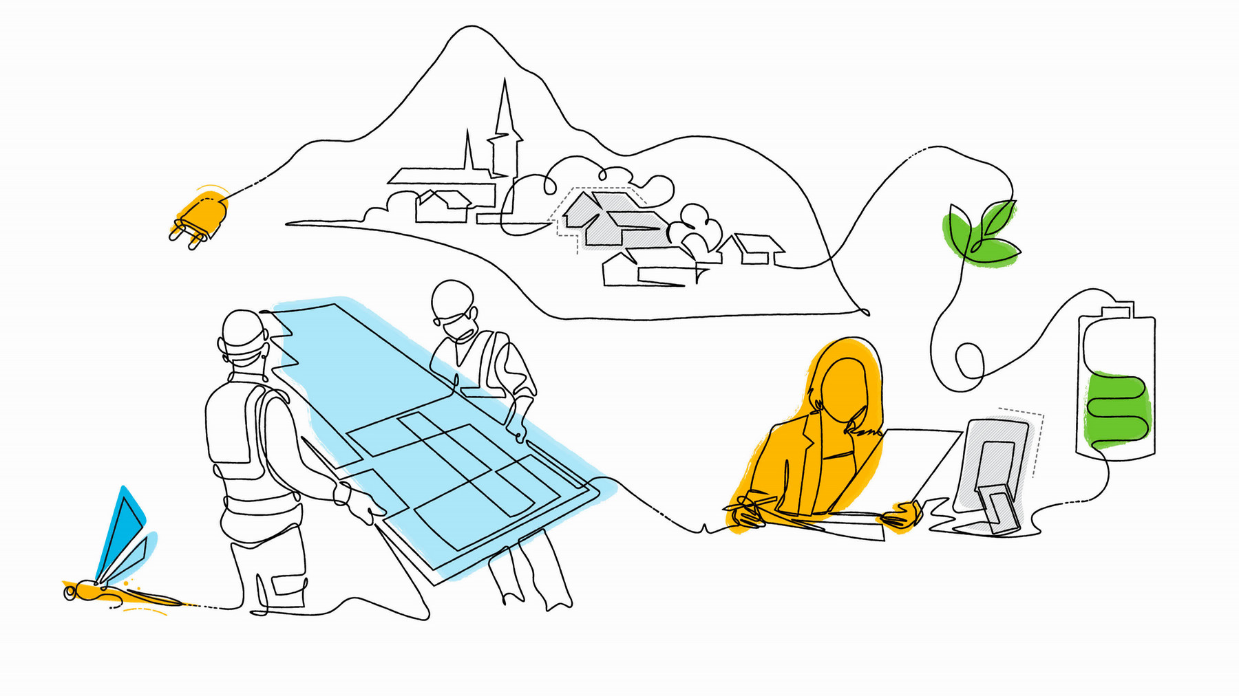 Line drawing of researchers, technology, places