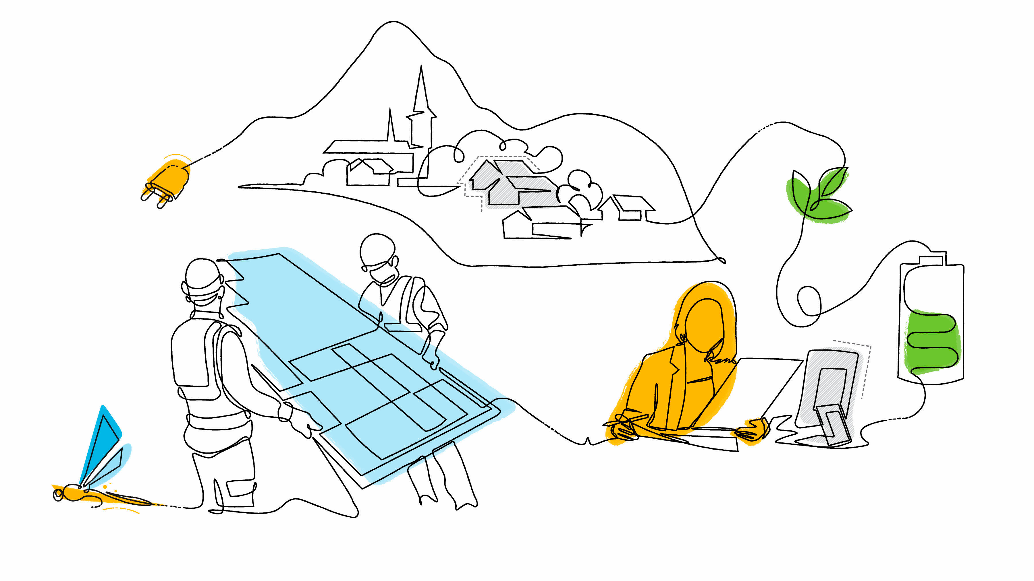 Line drawing of researchers, technology, places