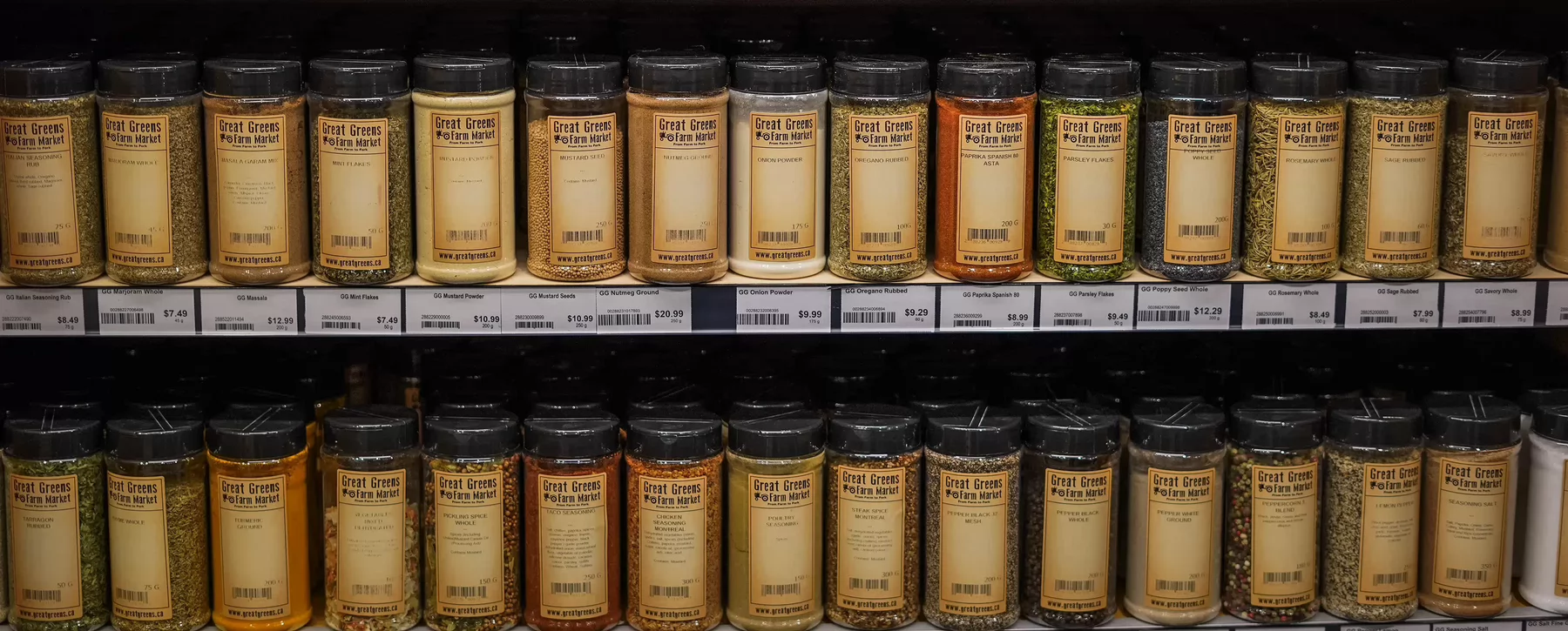 A shelf filled with jars of spices.