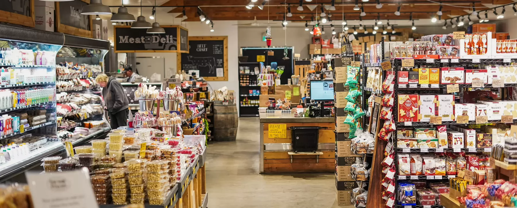 Aisles of food in a grocery store. 
