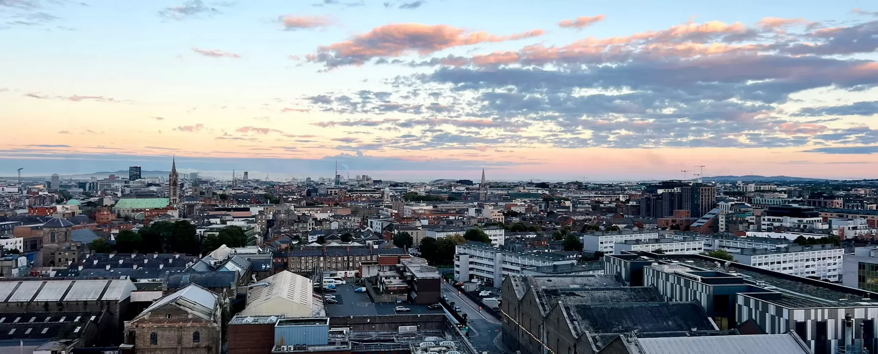 A view of rooftops in Dublin, Ireland.