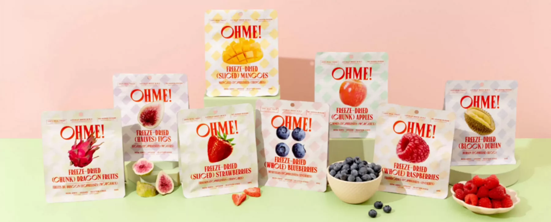 Packages of OHME! freeze-dried fruit. 