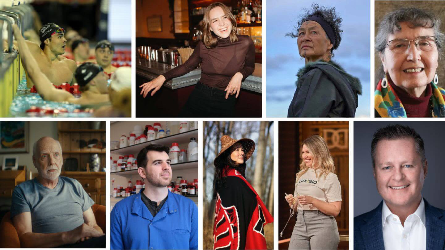 Collage of photos of nine UVic alumni. 