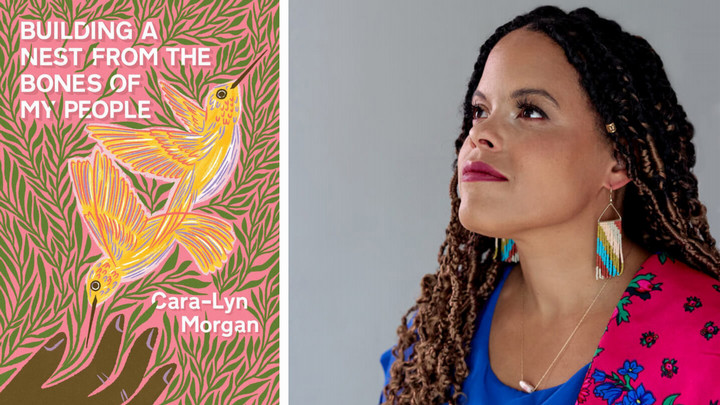 Collage of a woman and a book titled Building a Nest from the Bones of My People by Cara-Lyn Morgan.