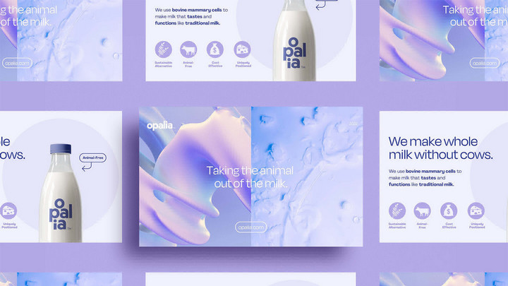 Various purple advertisements for “Opalia Milk.” 