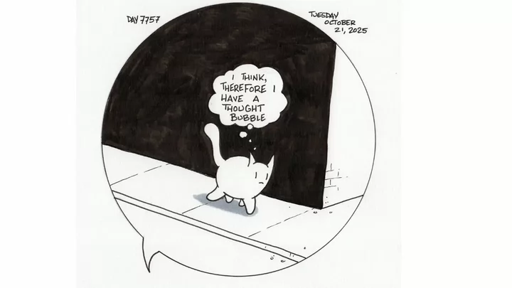 Black and white cartoon of a cat walking down the sidewalk with the thought bubble "I think, therefore I have a thought bubble."