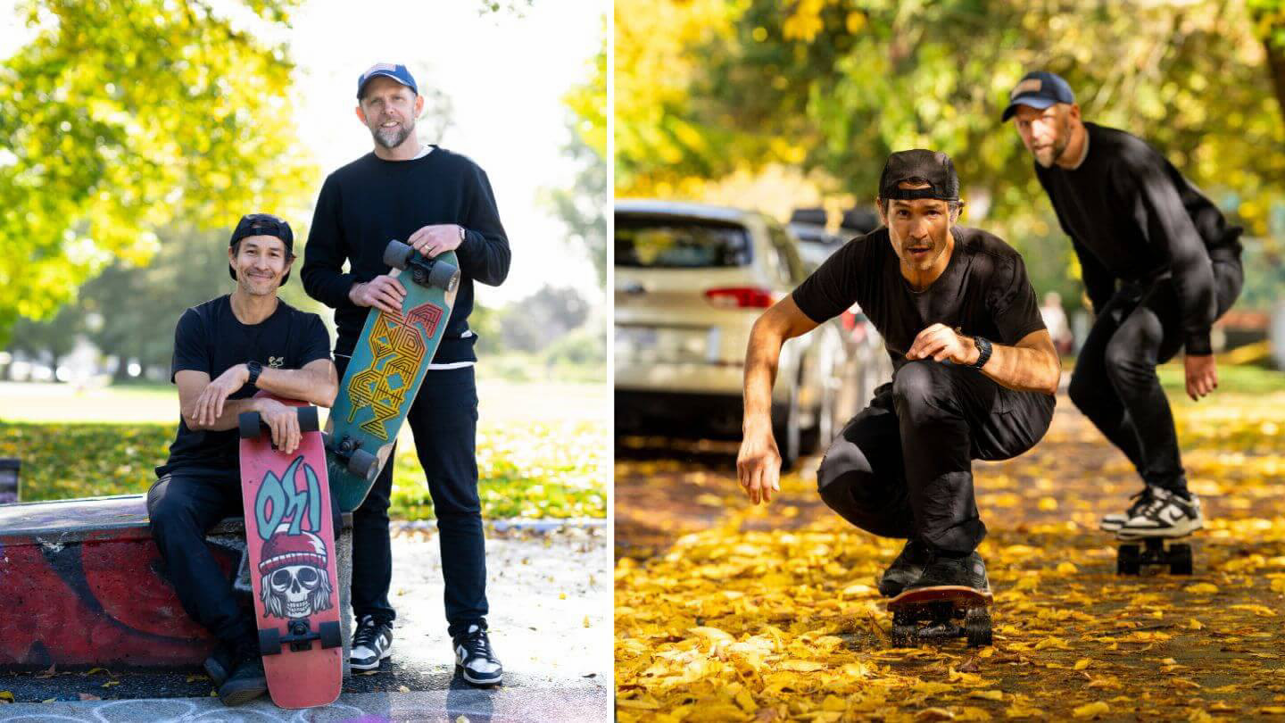 Two people holding Landyachtz skateboards alongside of photo of the same people riding the skateboards down a leafy sidewalk.