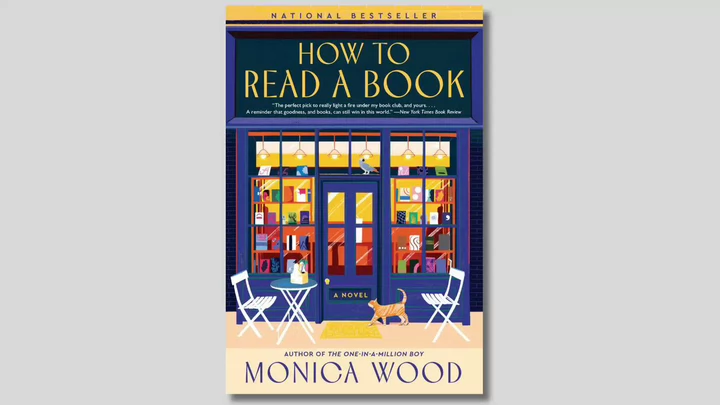 Book cover for Monica Wood's How to Read a Book featuring illustration of a storefront to a bookstore with a cat walking up to the door.