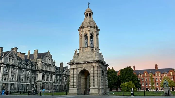 A bell tower known as the Campanile at Trinity College in Dublin, Ireland.