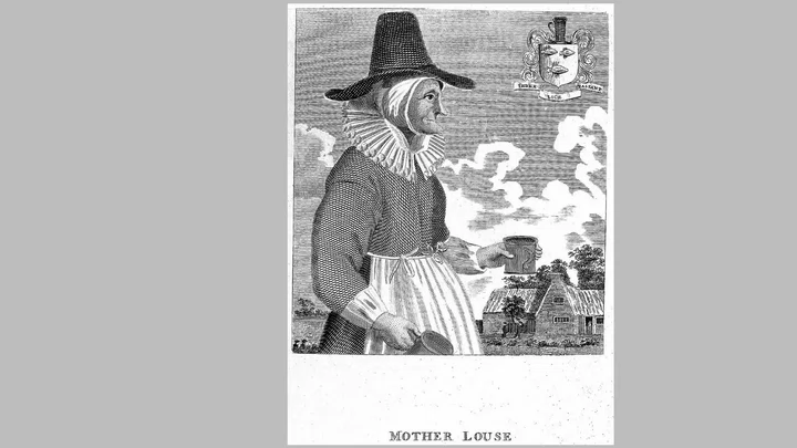 A line art drawing of a medieval alewife with the words Mother Louse underneath.