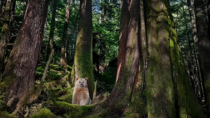 A spirit bear leans up against a mossy tree in a forest.