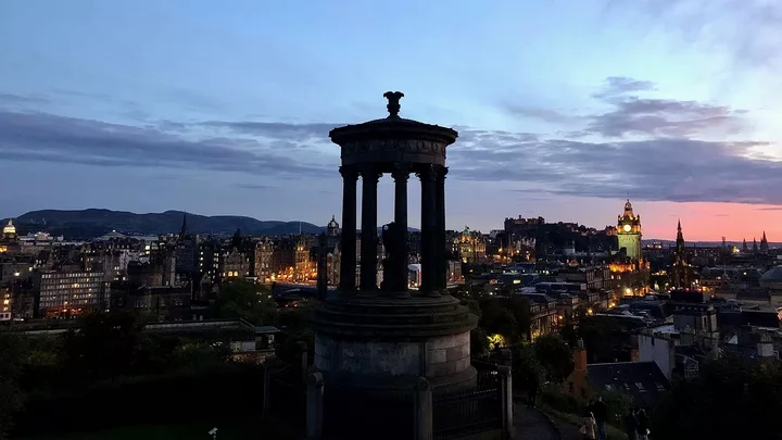 View of the top of a city at night. 