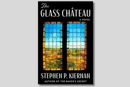 Cover of a book called The Glass Chateau by Stephen P. Kiernan featuring an illustration of a stain glass window.