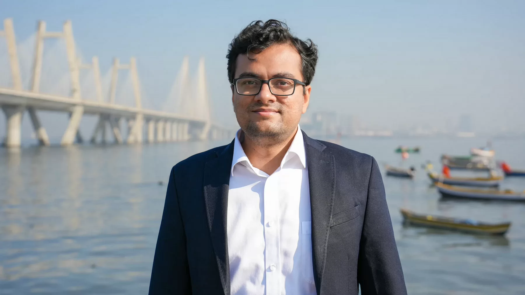 A man with glasses, button up shirt and jacket standing in front of a bridge. 