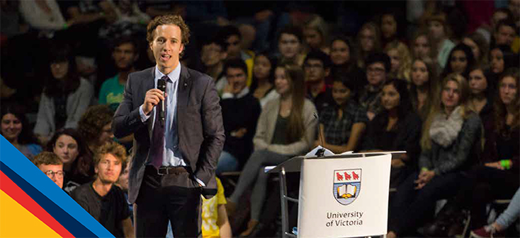 Craig Kielburger speaking at the UVic 2015 Orientation ceremony