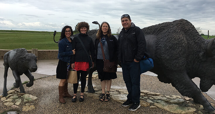 (l-r) Onowa McIvor of Indigenous Education with Sonya Bird from Linguistics and Trish Rosborough and Nick Claxton from Indigenous Education brought the UVic curriculum for the first time across Canada, to the University of Saskatchewan in July 2016.