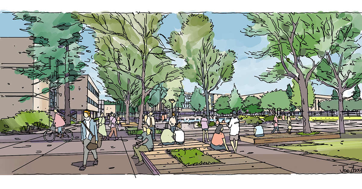 Artistic rendition of the Central Campus Greenway facing south towards McPherson Library