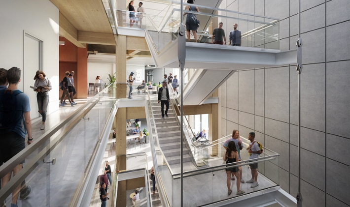 Rendering of the interior atrium space of the Engineering Computer Science Building (ECSE). People are walking up and down the modern u-shaped stairs.