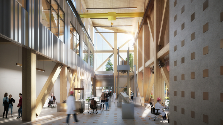 Rendering of the inside of the High Bay Research and Structures Lab high head lab space. There are students in hardhats in a room with beams and posts along the sides and an overhead crane on the ceiling. 