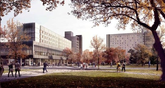 East-facing rendering of the new Student Housing and Dining buildings